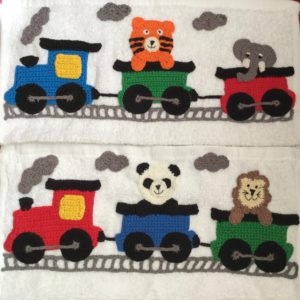 Finished crochet train series on face washers