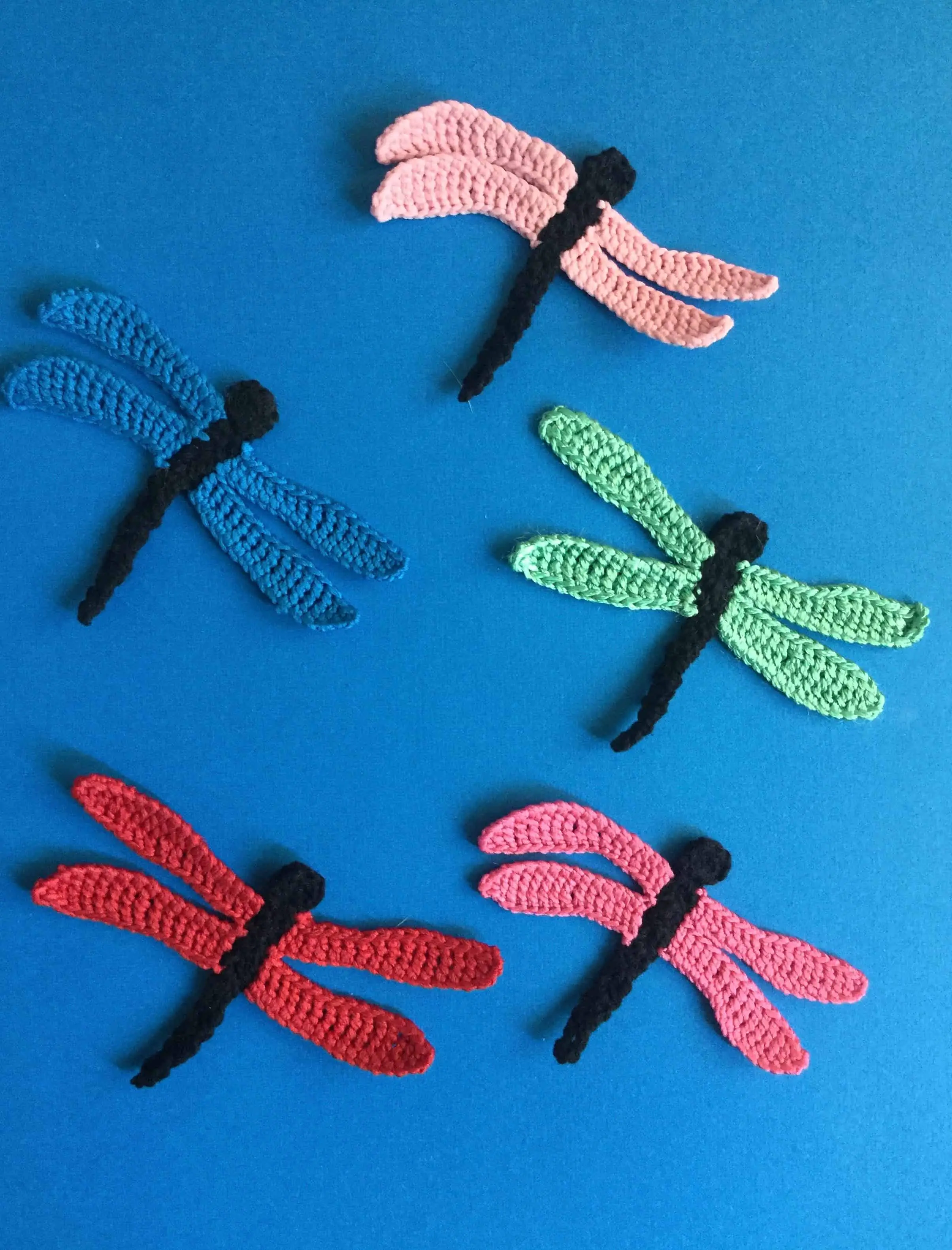 Finished crochet dragonfly group