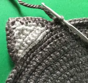 Crochet cat potholder beginning second row of outer ear