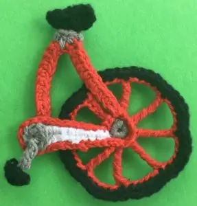 Crochet bicycle applique back wheel with seat post frame
