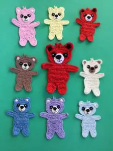 Finished child teddy bear crochet pattern group portrait