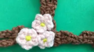 Crochet blossoms and swing tree with blossoms closeup