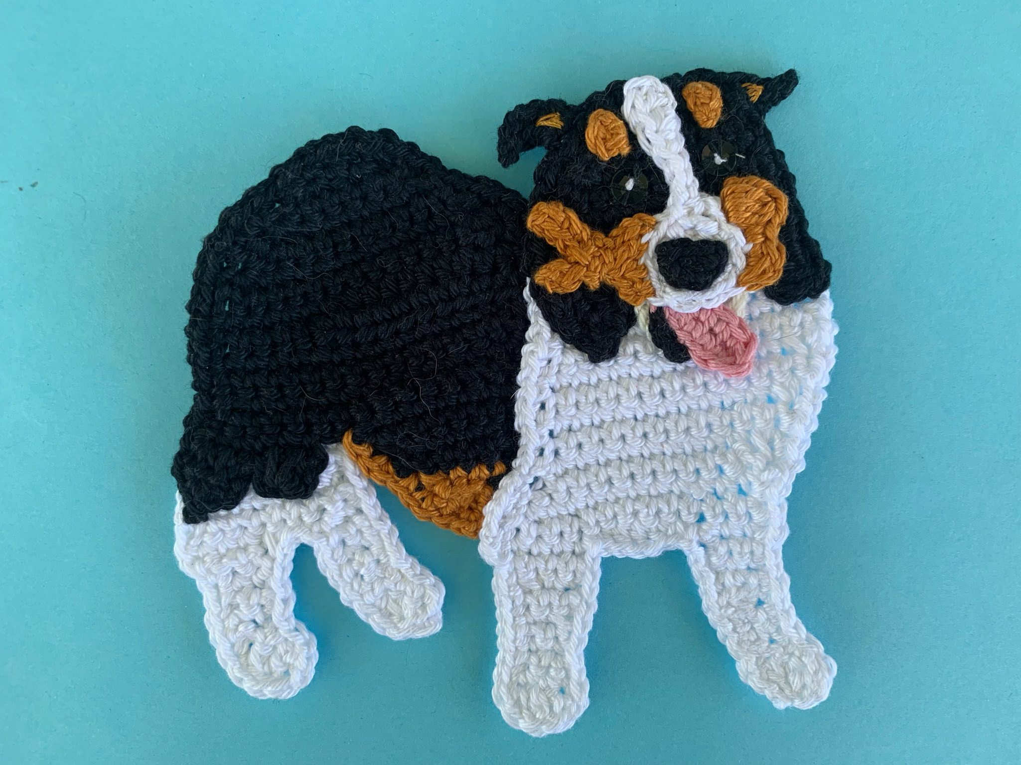 Finished crochet tri colored border collie 4 ply landscape