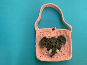 Finished crochet elephant bag landscape