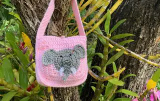 Finished crochet elephant bag outside landscape 3