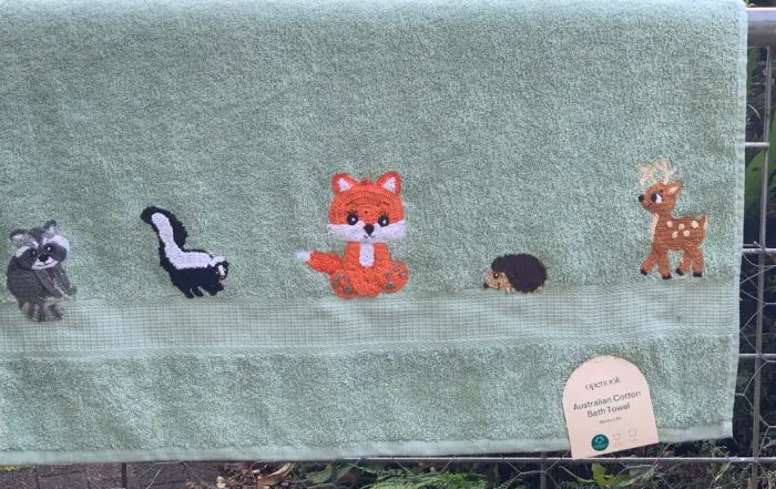 Finished crochet woodland animal towel