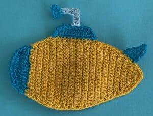 Crochet submarine 2 ply first fin neatened