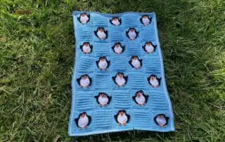 Finished crochet penguin baby blanket landscape grass
